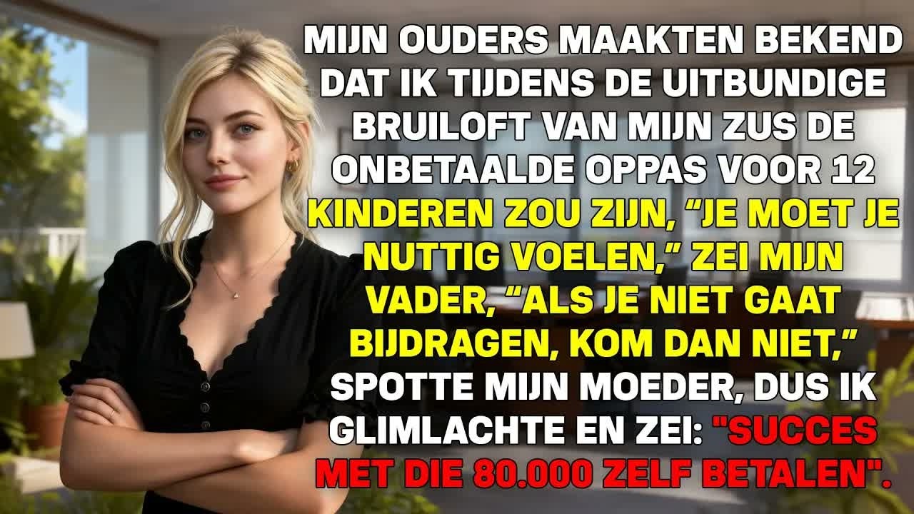 Ik dacht dat ik op de bruiloft van mijn zus gewoon als haar zus zou zijn. Tot mijn moeder aankondigde dat ze de perfecte rol voor me had gevonden: onbetaalde oppas voor twaalf kinderen van de...