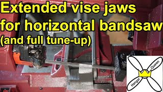 Horizontal band saw extended vice jaws and saw adjustments