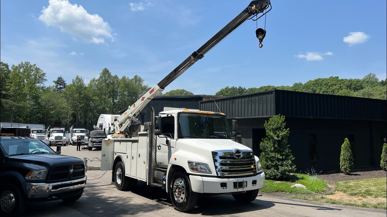 2016 Hino 338, Under CDL, 14’ Bed, 10,500 IMT Crane, 195k Miles, 8k Hours, Diesel Service Truck