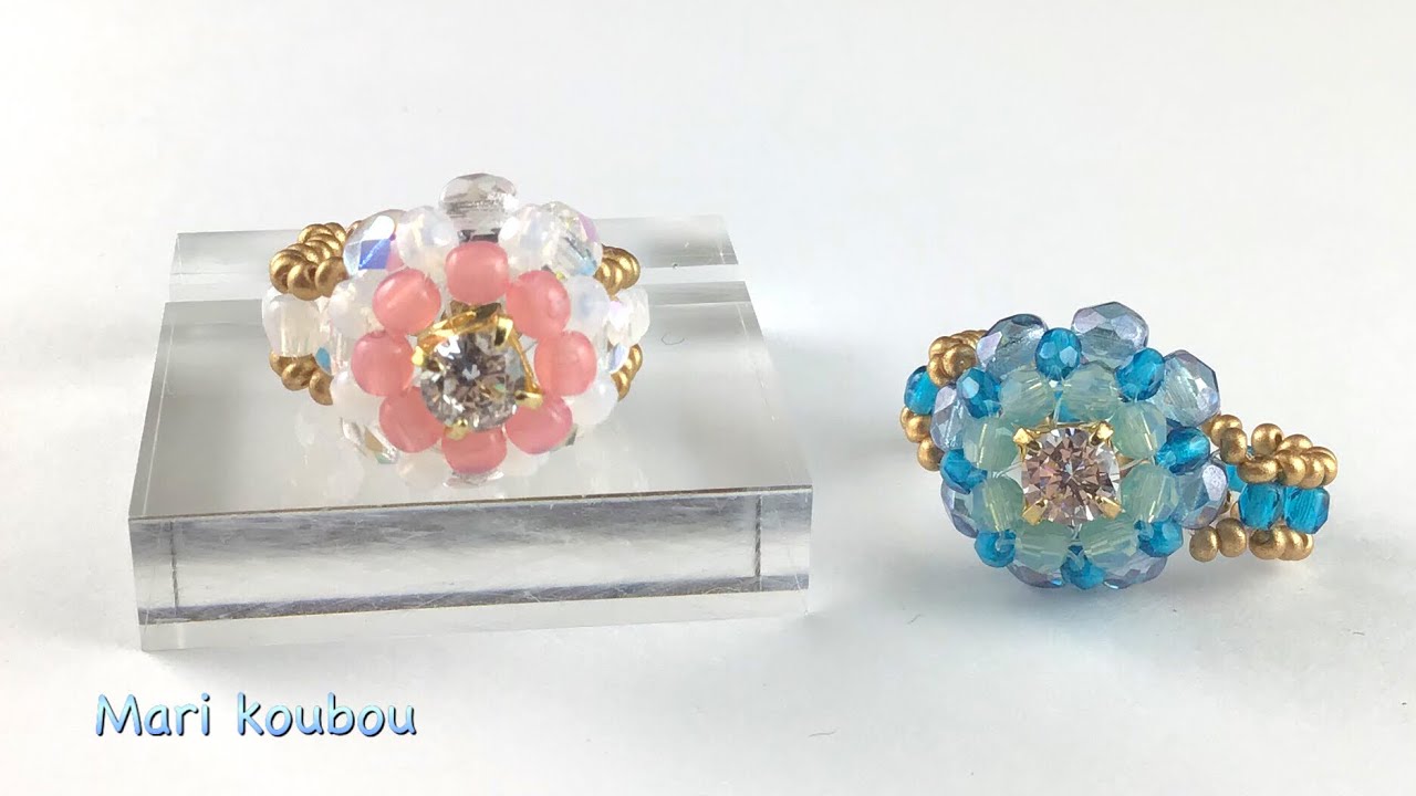 キュービックジルコニアとビーズのリング/Ring made of cubic zirconia