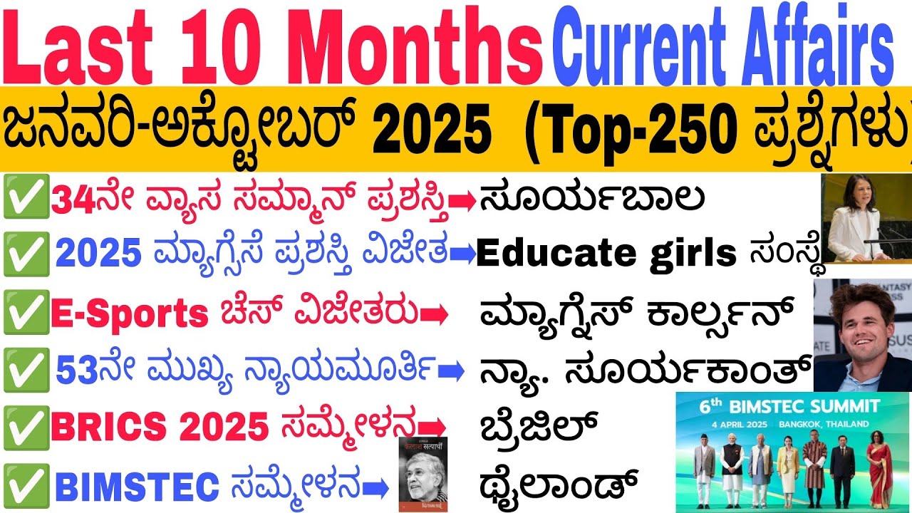 Last 10 Months Current Affairs Revision | January 2025 to OCT 2025 | Current Affairs MCQs 2025kannad