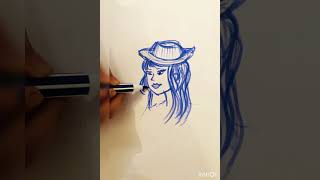 رسم سهل | رسم بنت تلبس قبعة بقلم ازرق |شخطة وتعليم الرسم #art #drawing #رسم #diy #craft
