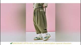 IMAKOKONI original design elastic waist letter embroidery green pleated loose wide leg pants for wom