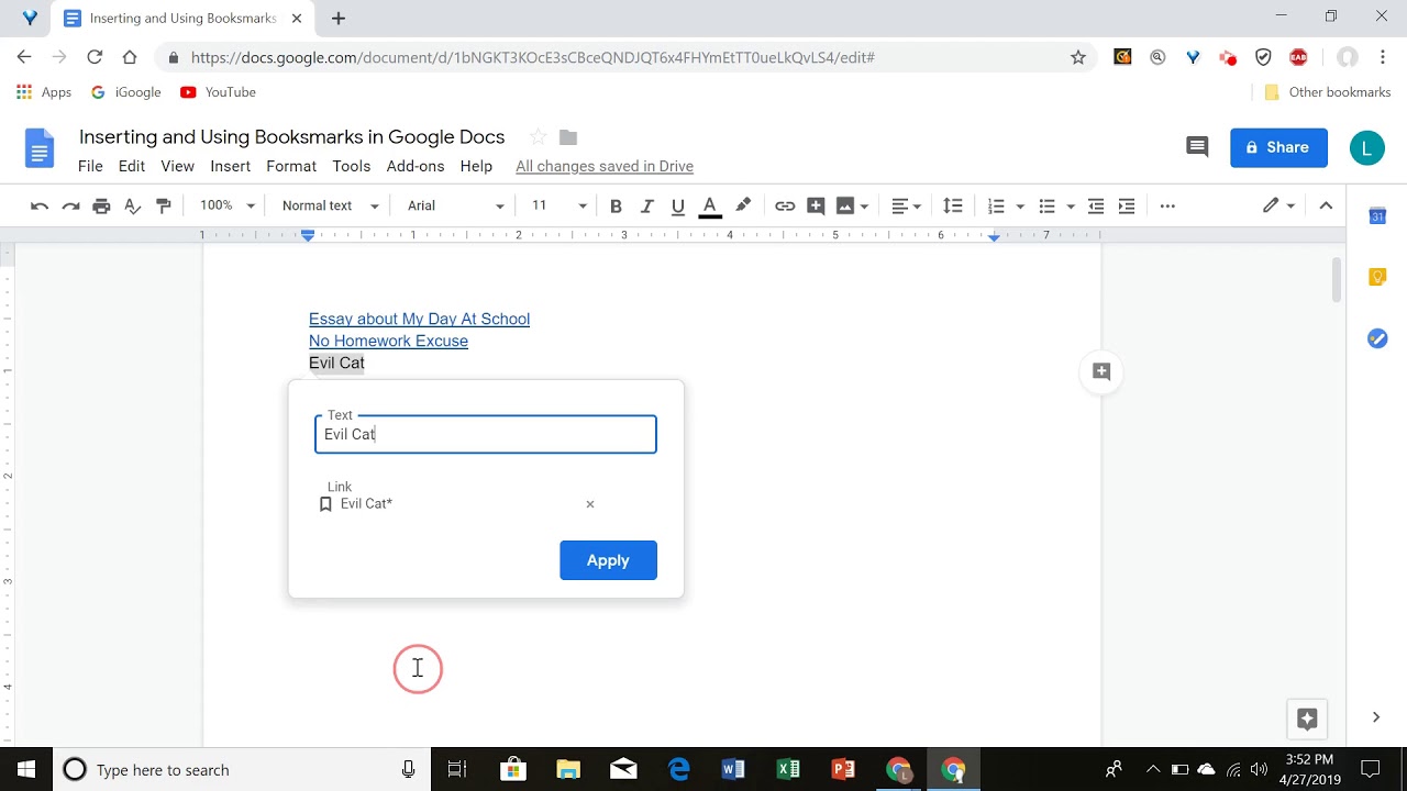 Inserting and Using Bookmarks in Google Docs - YouTube
