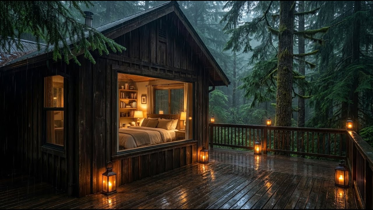 Stress Free Rain & Piano Music at Glowing Cabin Wood Balcony for Instant Calmness 🏡🕯️
