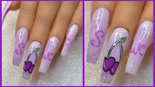 “SWEET” Purple Pastel Acrylic Coffin Nails W/ Hand Painted Cherry Hearts and Twinkles