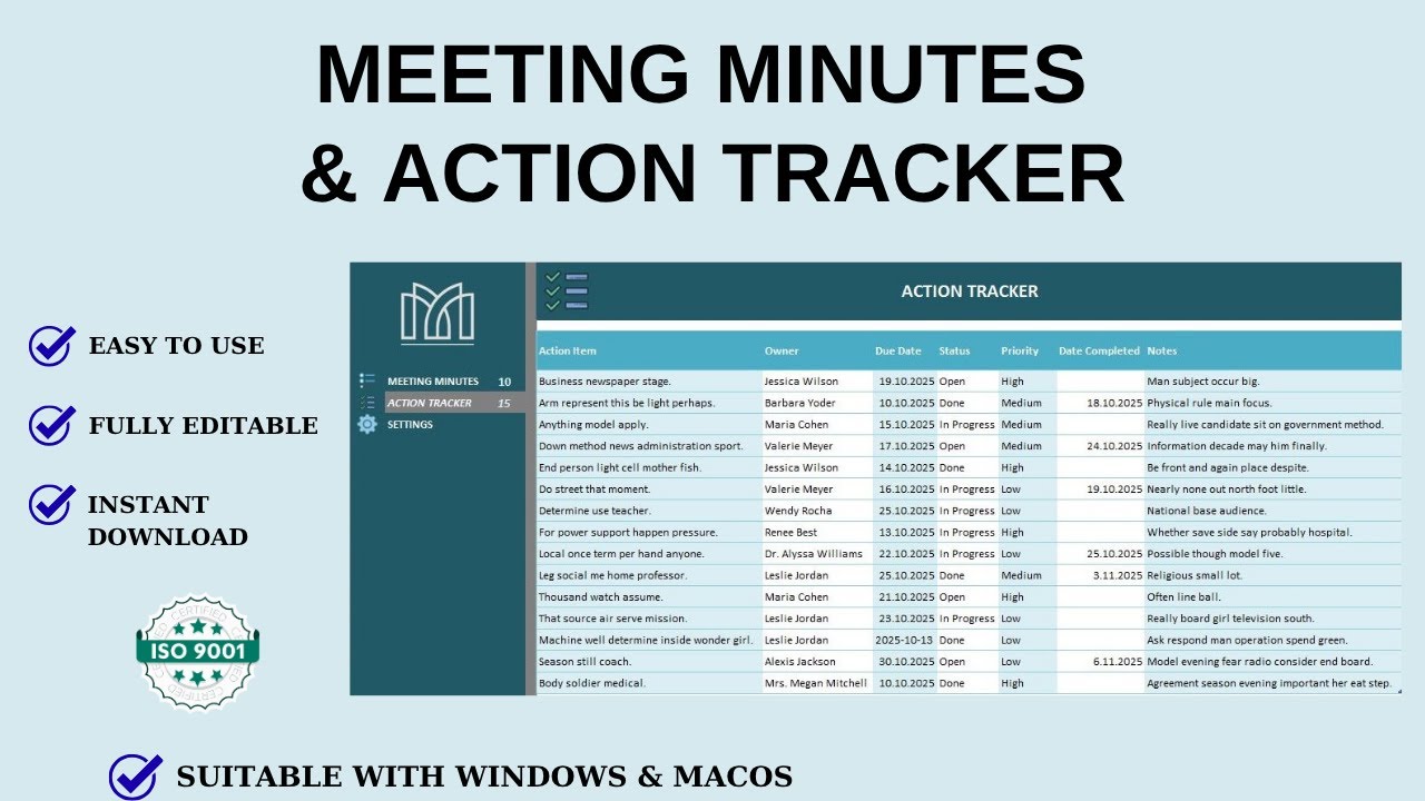 Meeting Minutes & Action Tracker Excel Template | ISO 9001 Compliant | Fully Editable