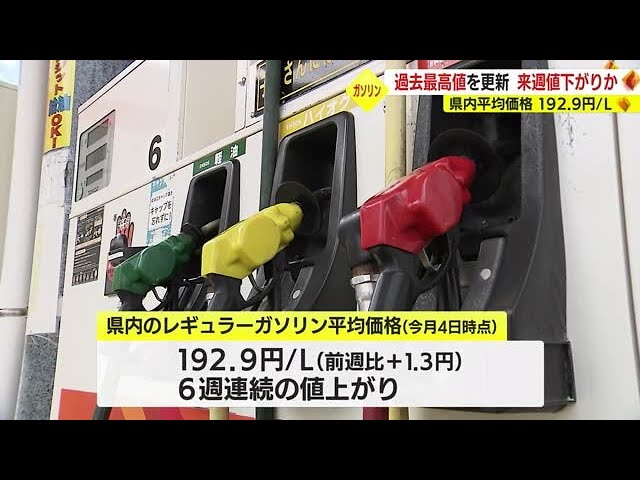 192.9円/L】鹿児島県内のガソリン価格 3週連続最高値更新 来週 192.9円/L】鹿児島県内のガソリン価格 3週連続最高値更新 来週