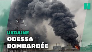 Odessa recouverte d’une e?paisse fume?e noire apre?s des tirs russes sur une raffinerie