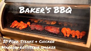 2” Pork Steaks & Spatchcock Chicken on the Marrow Rotisserie Smoker - Baker’s BBQ￼