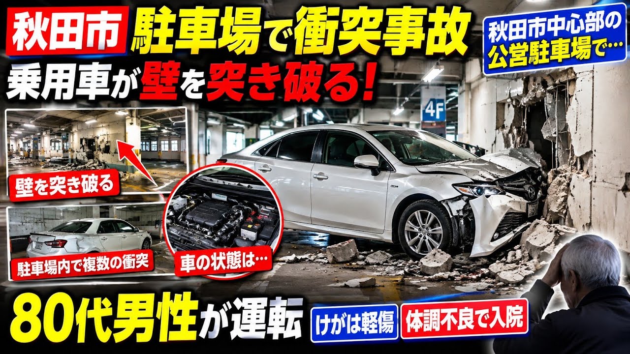 Shocking] Car Crashes Through Parking Garage Wall in Akita City