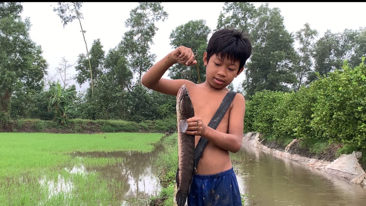 The boy hooked a strange bait and caught a huge fish.