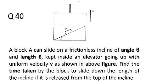 A block  can slide on a friction less incline of angle θ and length ℓ, kept inside an elevator going