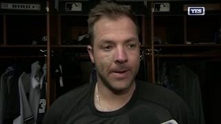 Austin Romine reacts to Masahiro Tanaka's complete game
