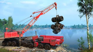 SnowRunner - ZiKZ Heavy Mobile Crane 16x16 - Lifting Kirovets K7M Tractor  Crash In Lake
