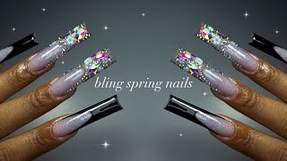 Simple Bling Spring Nails!💎🌸✨| real-time acrylic application + beginner-friendly nail art!✨