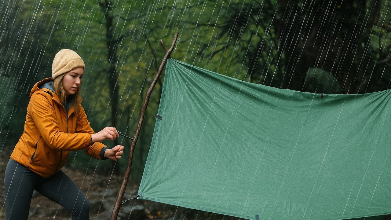 Alone Girl Survives 24 Hours in Heavy Rain | Bushcraft in a Rainy ...