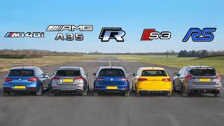 AMG A35 v  BMW M140i  v Golf R v Audi S3 v Focus RS - DRAG RACE, ROLLING RACE \& BRAKE TEST