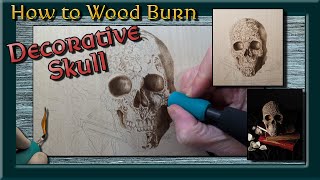 Pyrography: How To Wood Burning a Gothic Still Life // Decorative Skull Speed Video (w/ audio)