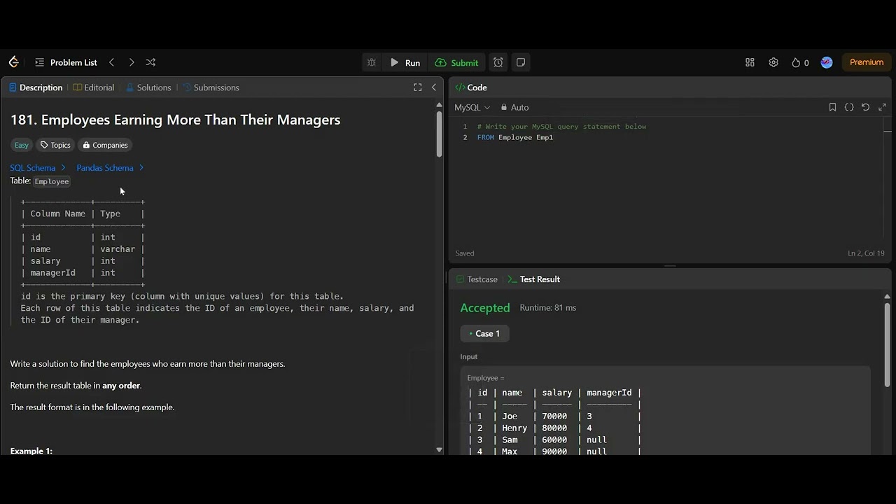 Employee Earning More than Managers - Leetcode 181 | SQL Practice ...