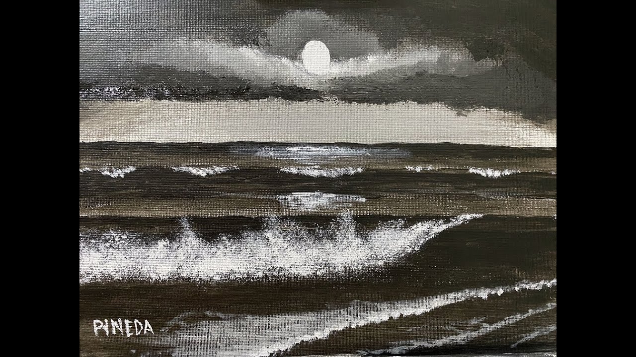 Acrylic Painting Tutorial/ Black and white Limited Palette/ ocean, waves, &  sun rays! landscape 