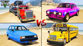 School Bus vs Three Wheeled Car vs Phantom Truck vs Ford MK1 - GTA 5 Mods Which Car is better?