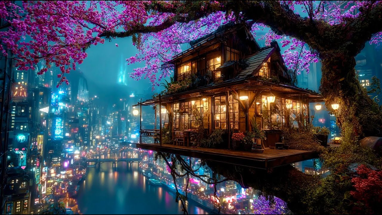 A Floating Japanese 🌸 Treehouse Above the Neon City 🌧️ Rain & Lofi for Focus & Sleep