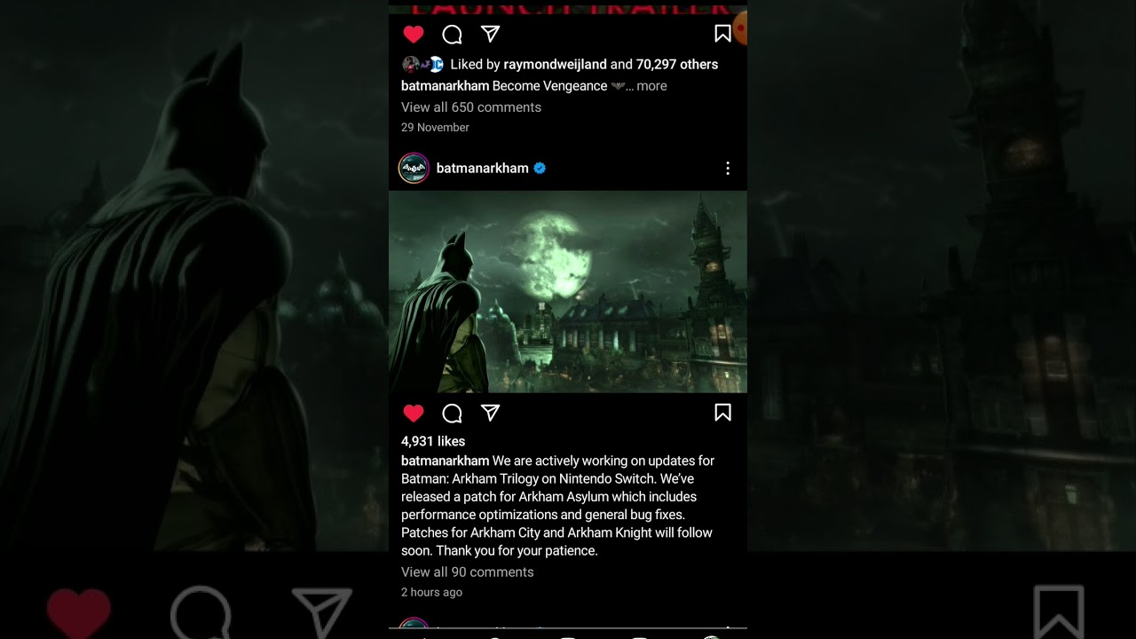 We are actively working on updates for Batman: Arkham Trilogy on Nintendo  Switch. We've released a patch for Arkham Asylum which includes…