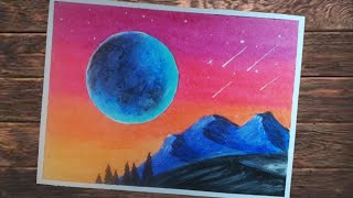 Cara Menggambar Pemandangan Langit Malam Yang Indah - Gambar Menggunakan Crayon