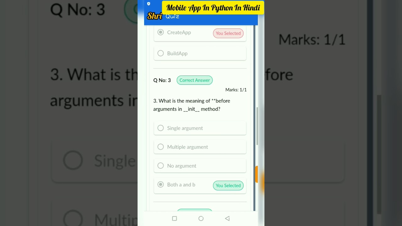 Mobile app in Python in Hindi quiz questions&answers great learning 
