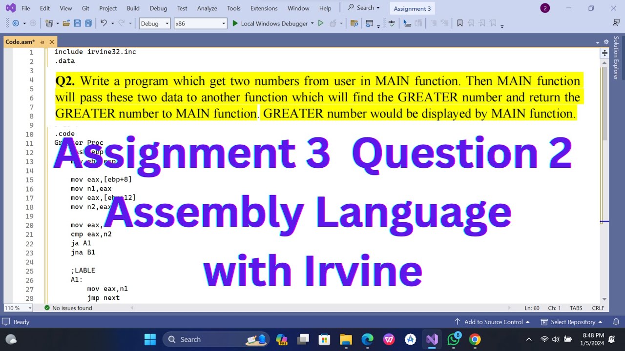Assignment 3 Q#2 in Assembly Language | Assembly Language with Irvine ...
