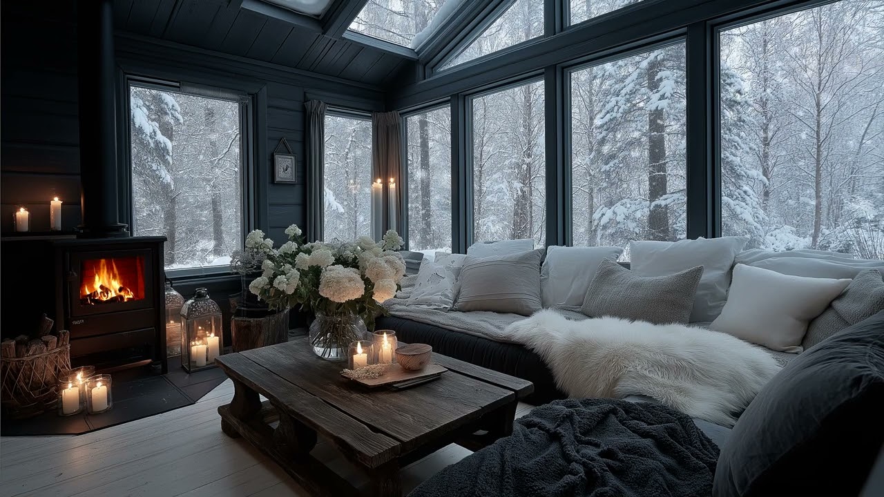🌨️📚 Black Room Piano Music for Deep Focus | Cozy Fireplace & Snowy Window for Stress Relief