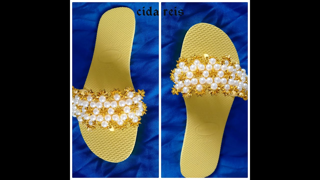 chinelo decorado com  pérolas renda francesa com pitanguinhas