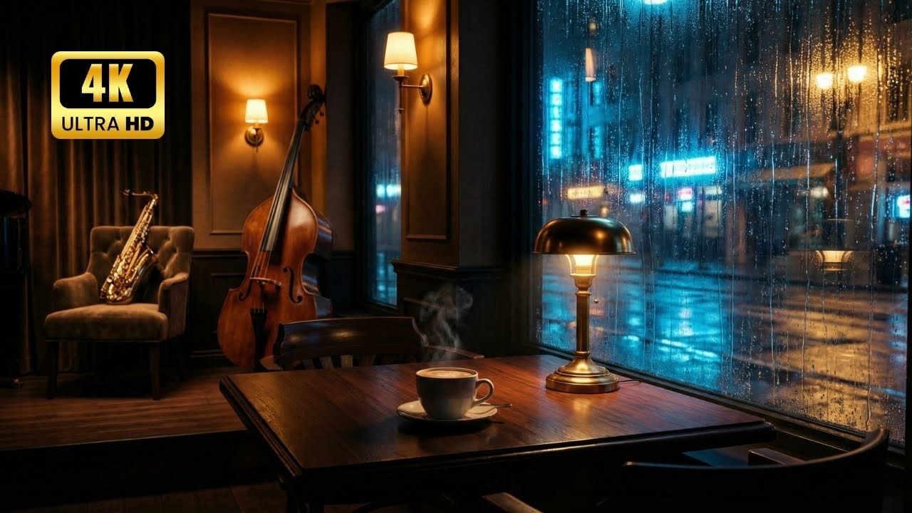 Джаз-бар и Дождь 🎷 Расслабляющий джаз на пианино для сна и учебы (4K)