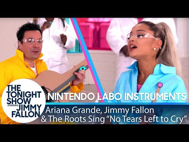Ariana Grande, Jimmy u0026 The Roots Sing No Tears Left to Cry w/ Nintendo Labo Instruments class=