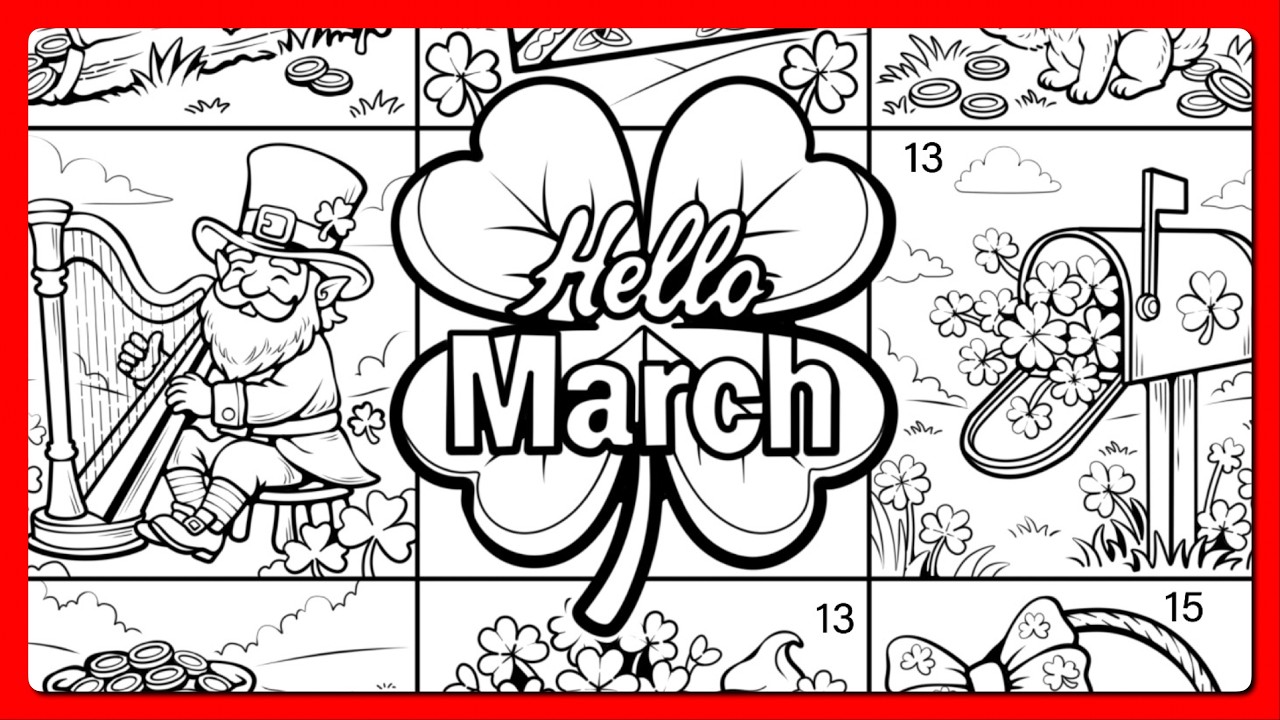 Color by Number Hello March Lucky Collage Hats Coins, Rainbows & Shamrocks Color Oasis #coloringbook