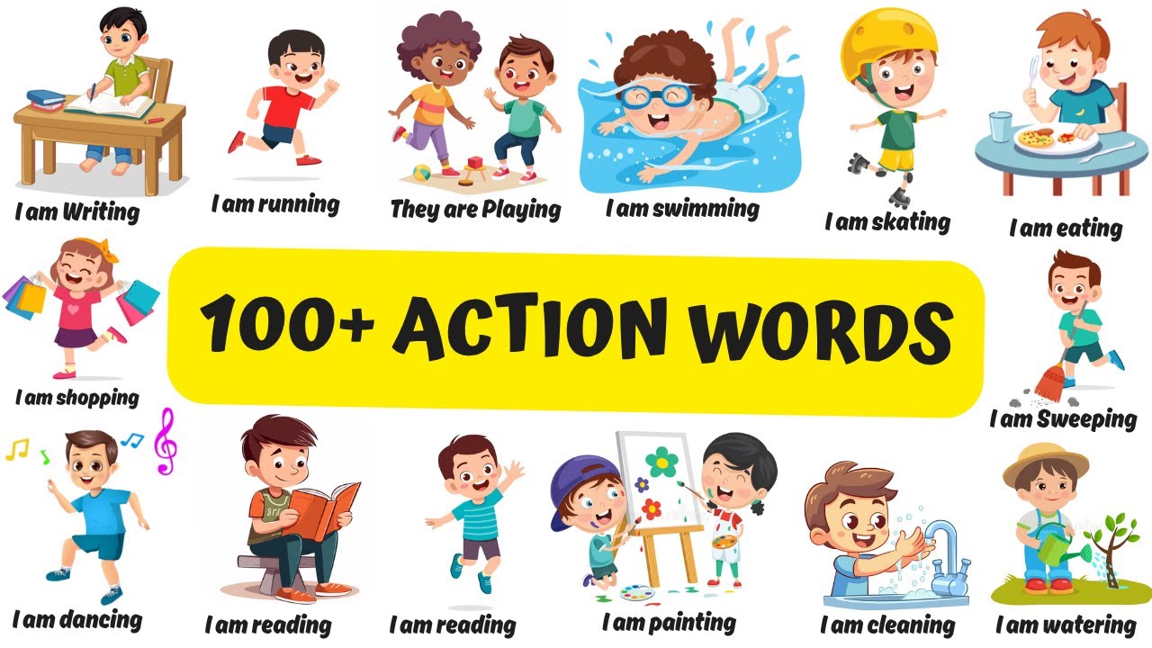 Learn 100 Action Verbs in English for Kids | Easy Action Words with ...