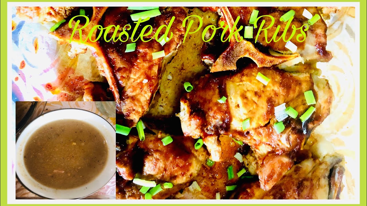 ROASTED PORK RIBS IN APPLE JUICE WITH GRAVY AND MIXED VEGGIES AS