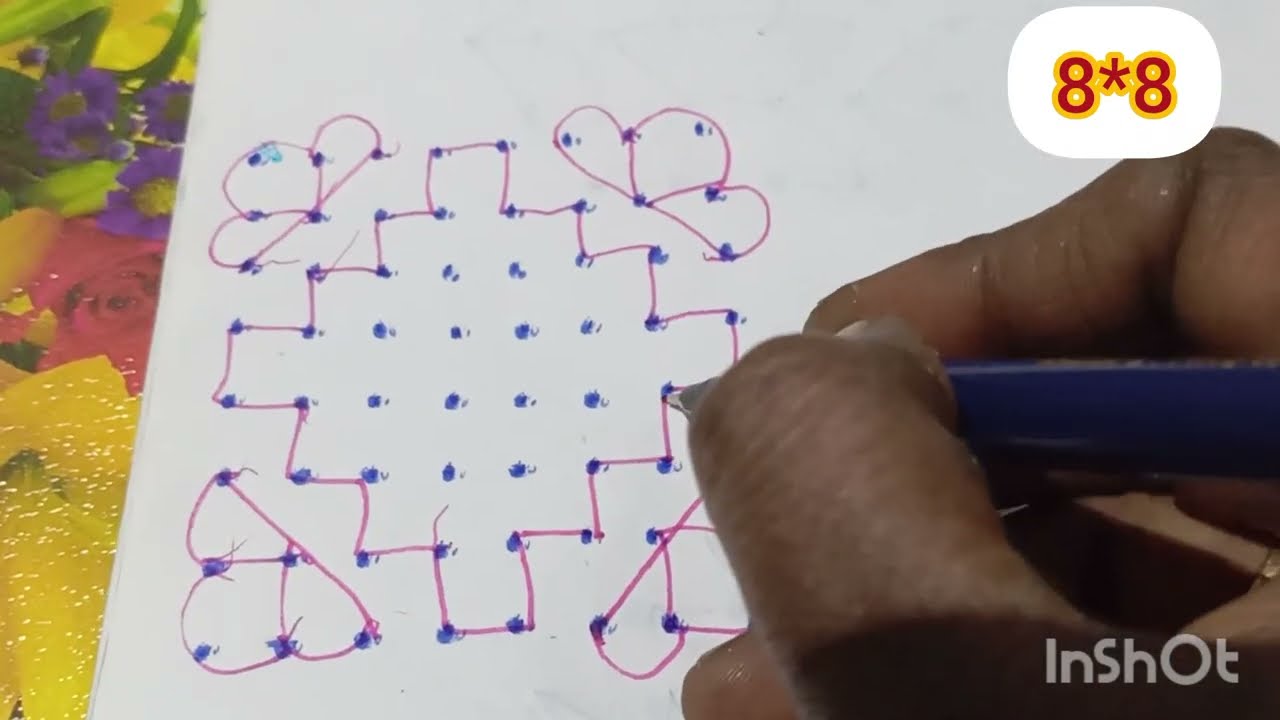 8*8 dots easy rangoli designs/daily use kolam/easy dots muggulu/simple kolam with dots🌺🌷🥀