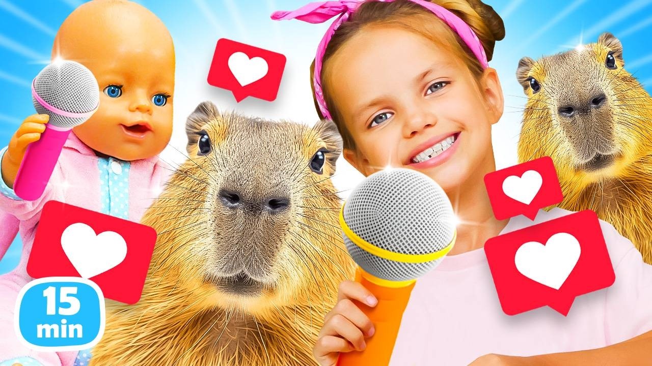 Maya y Lina juegan a la tienda y nadan con sus capibaras de juguete