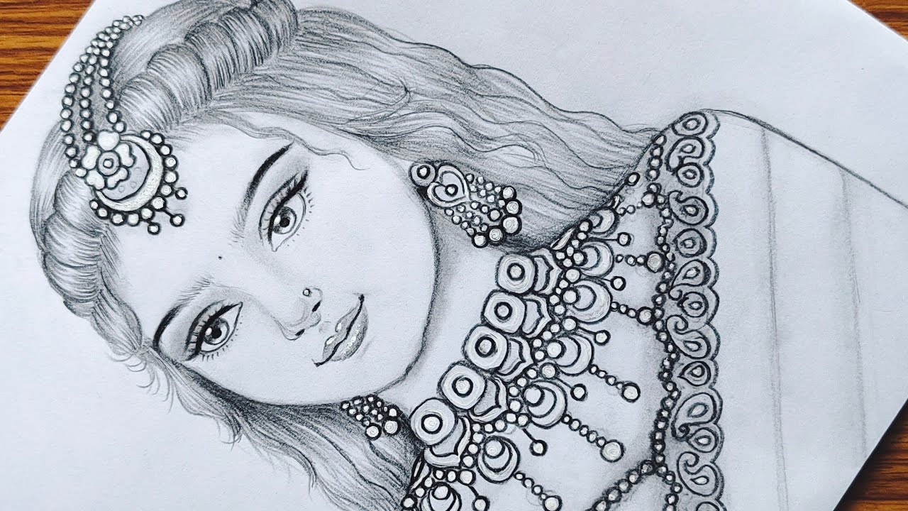 How to draw a Traditional girl with beautiful hairstyle | Jewellery design | girl drawing