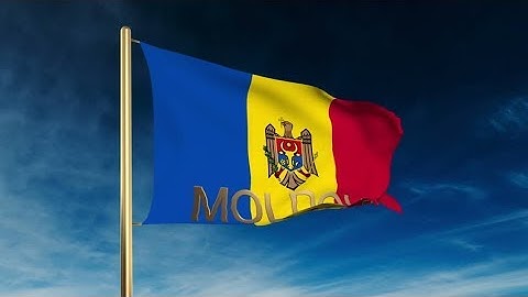4K Moldova flag slider style with title. Waving in the wind with cloud background animation Stock