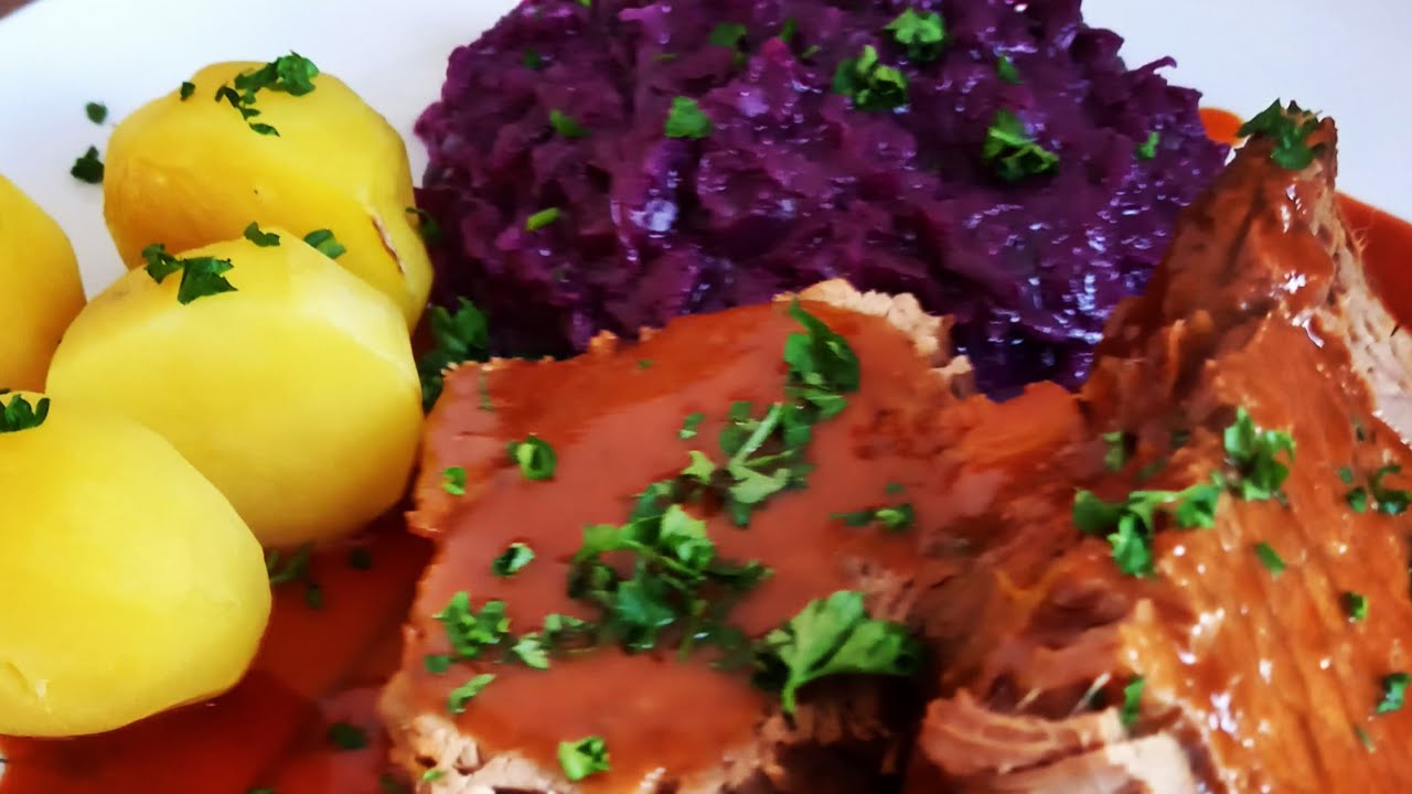 Rinderschmorbraten mit Kartoffeln und Rotkohl / MUKBANG