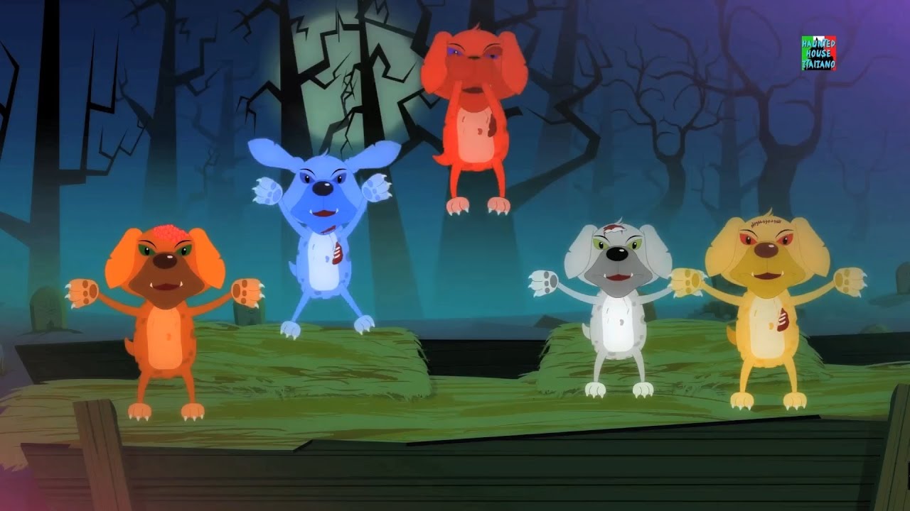 Cinque poco cuccioli | spaventoso rime per i capretti | Halloween Songs | Scary Five Little Puppies