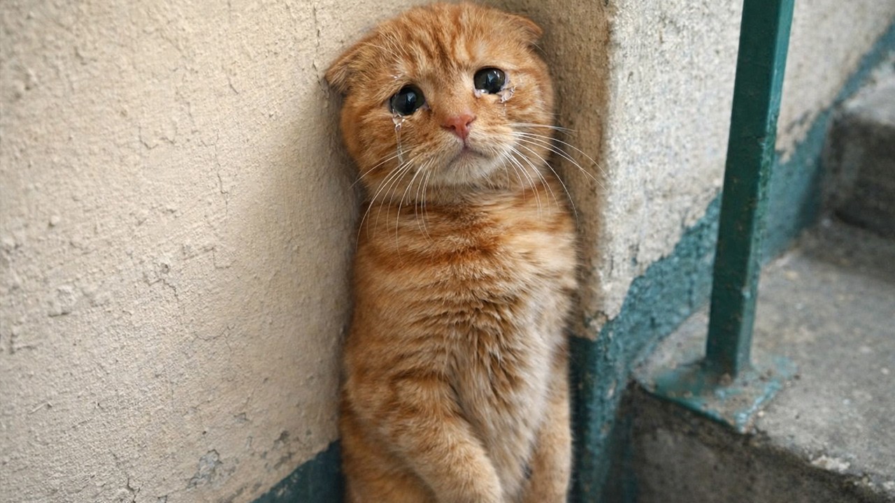 Кошка вжалась в стену, встав на задние лапы.... Девушка подошла ближе — и увидела, что она плачет