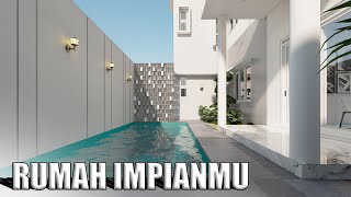 Desain rumah 10x20 m dengan kolam renang 3 kamar tidur dan mushola