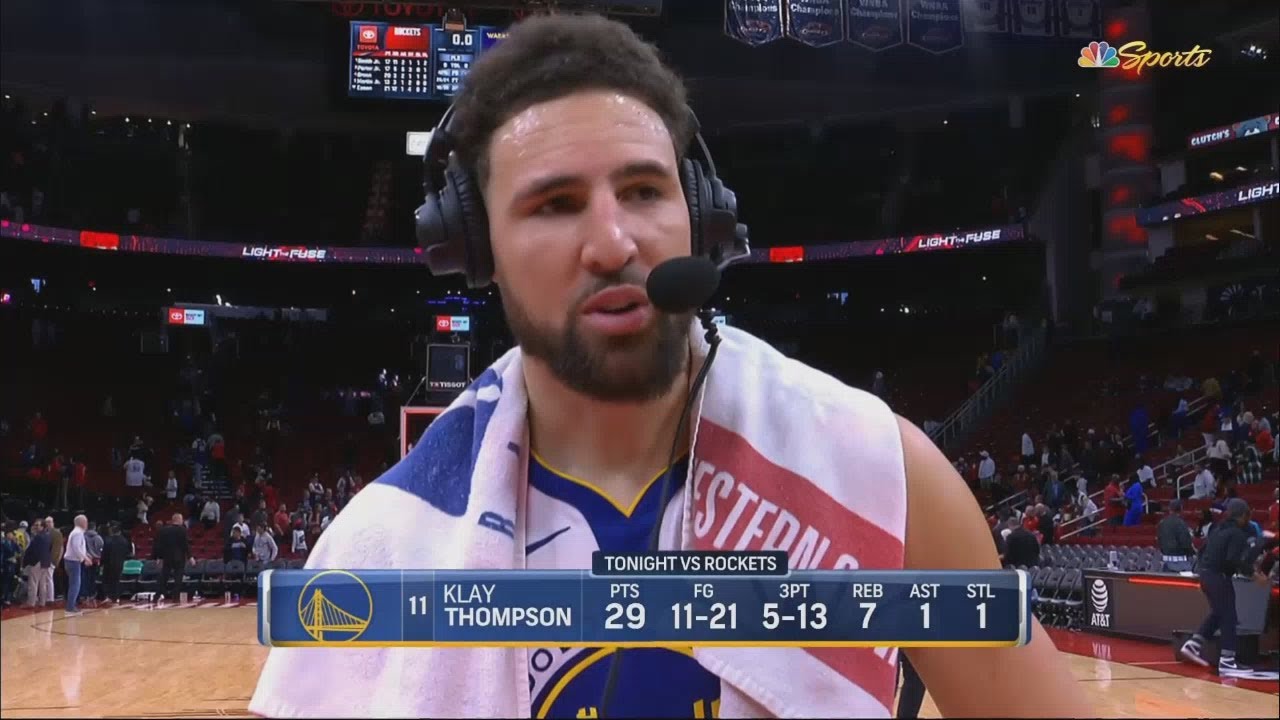 Klay Thompson talks after Golden State Warriors beat Houston Rockets