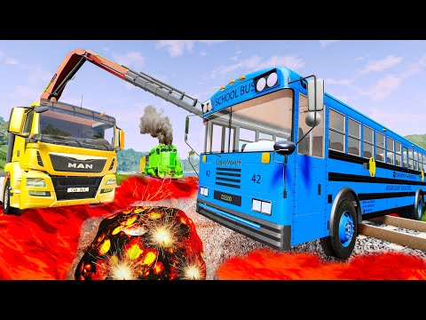 Bus vs Rails and Train with Crane Truck Rescue Double Bus on Deep Lava - Cars vs Deep Lava -