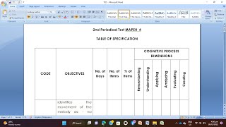 TABLE OF SPECIFICATION TOS BLOOM'S TAXONOMY 2ND PERIODICAL TEST