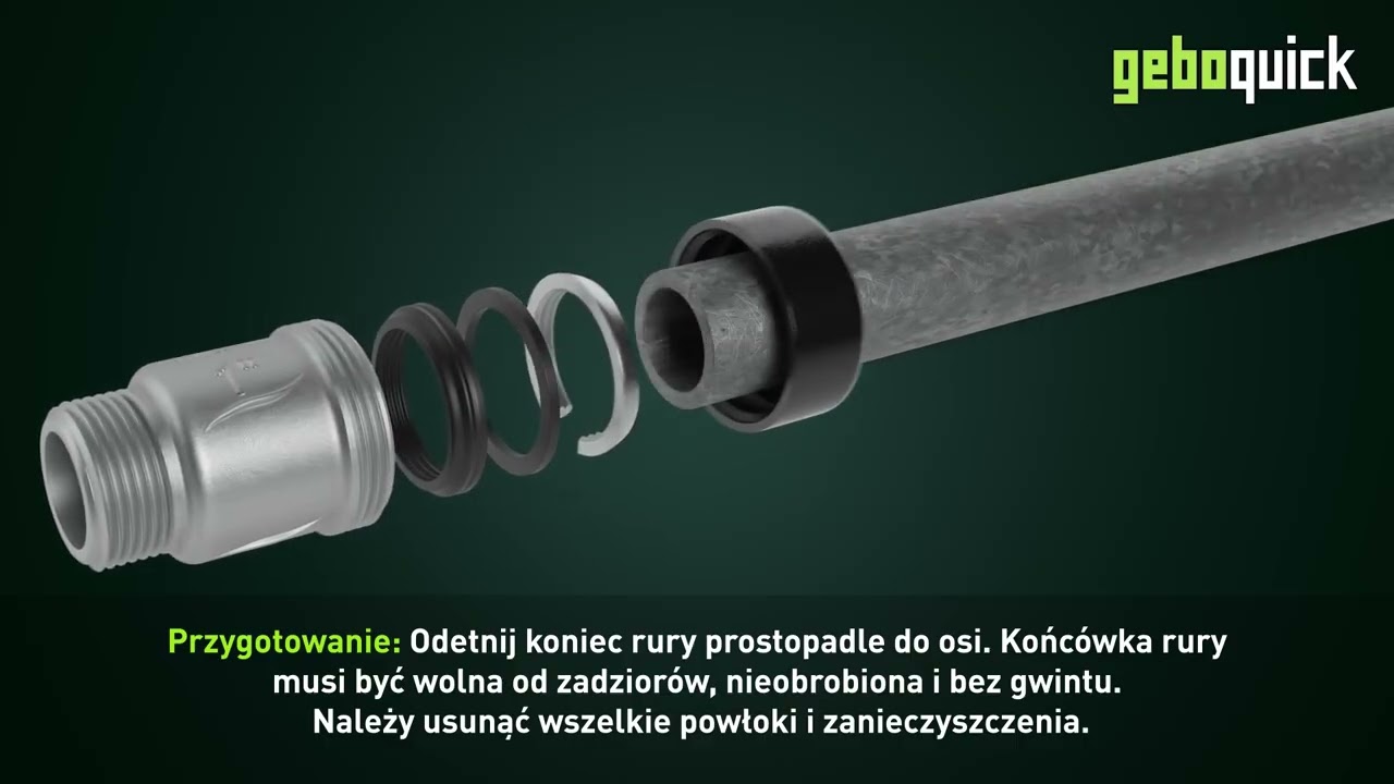 Instrukcja montażu: uniwersalna żeliwna złączka zaciskowa GEBO Quick do rur stalowych, czarnych i PE